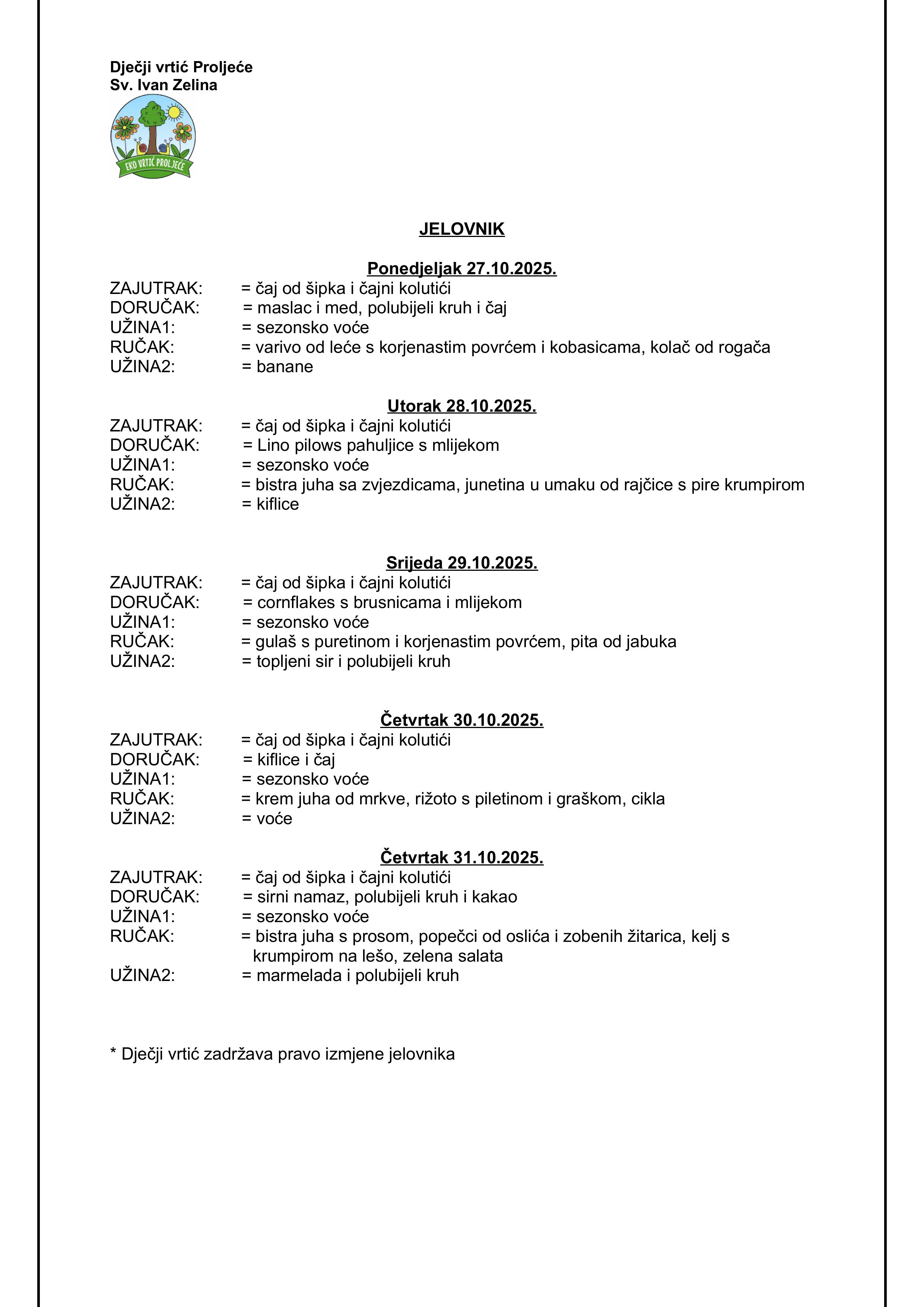 JELOVNIK 27.10. 31.10.2025